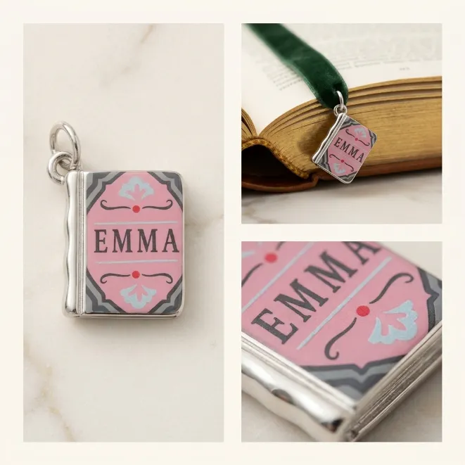 Silver pink vintage classic book EMMA enamel zinc alloy pendant charm