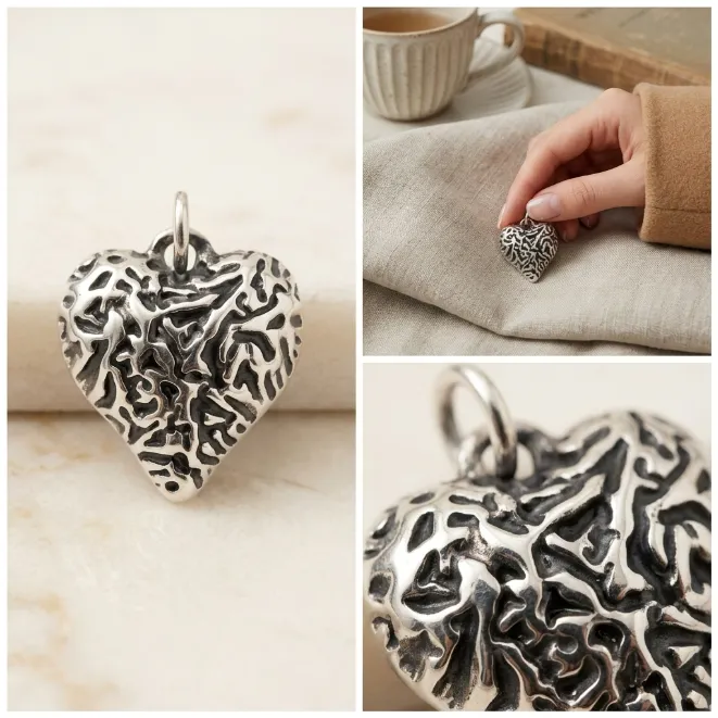 Antique silver textured molten lava heart zinc alloy pendant charm
