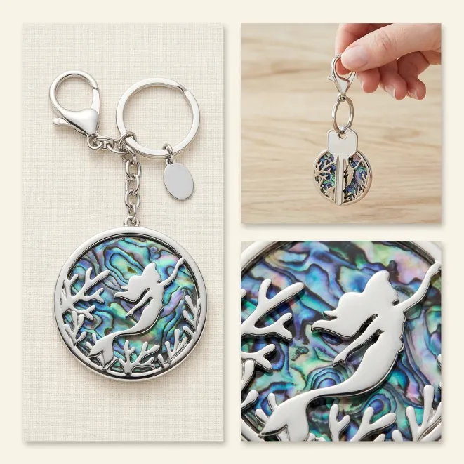 Silver iridescent enamel mermaid and coral silhouette zinc alloy round keychain