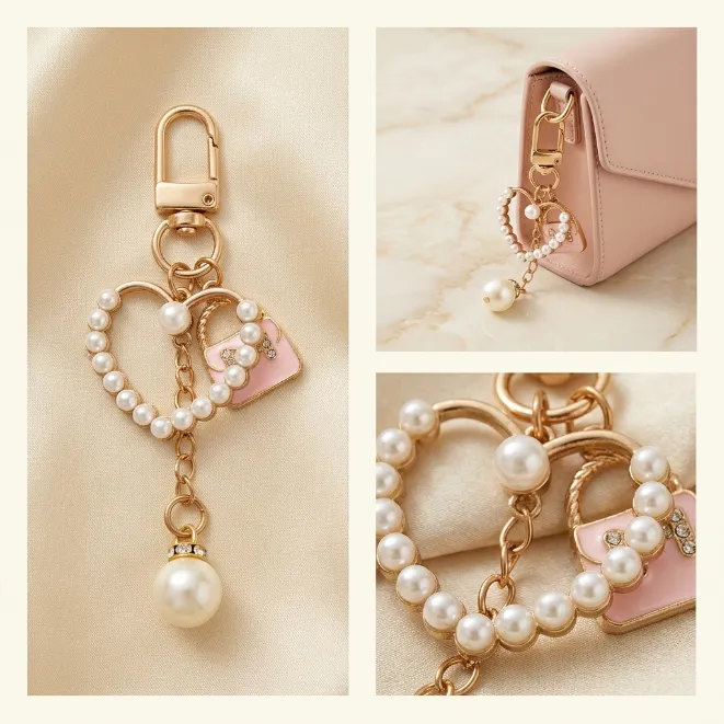 Gold pearl heart and pink handbag enamel zinc alloy bag charm keychain