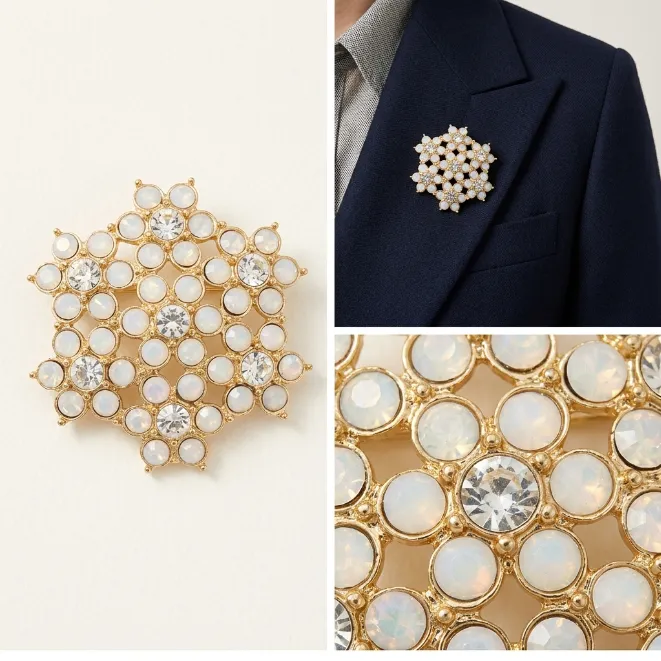 Gold white opal crystal and clear rhinestone snowflake zinc alloy vintage brooch pin