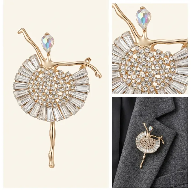 Gold crystal ballerina dancer tutu skirt zinc alloy brooch pin with baguette stones