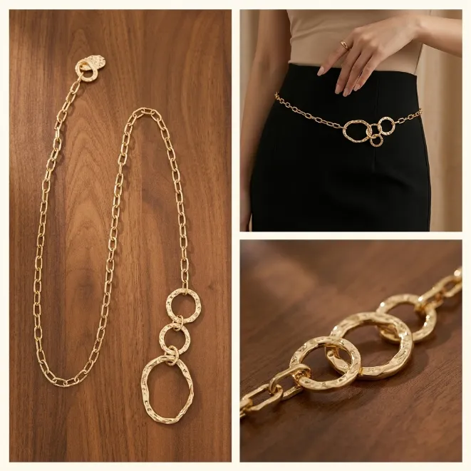 Gold hammered textured multi ring dangle link zinc alloy waist chain