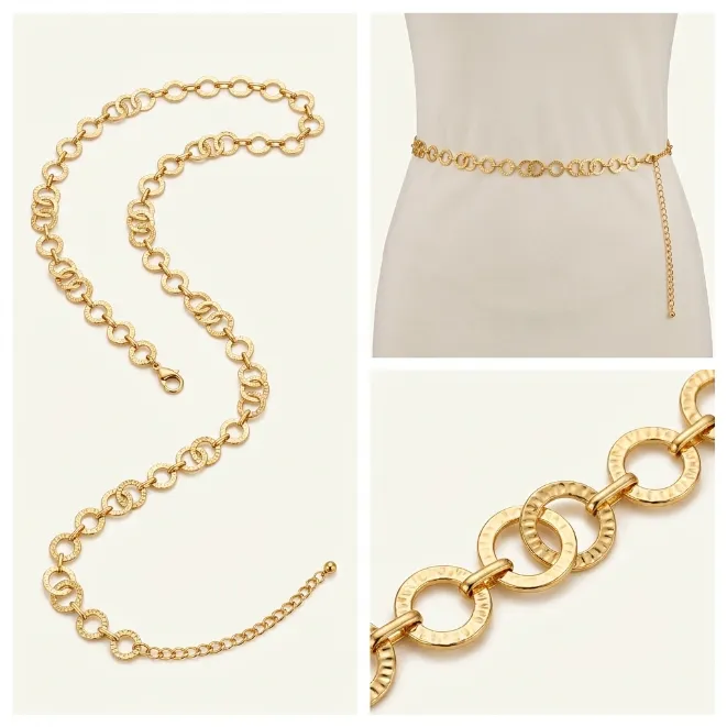 Gold hammered textured ring link zinc alloy waist chain