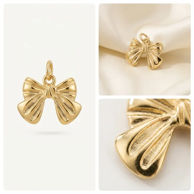 Gold textured ribbed ribbon bow zinc alloy pendant charm