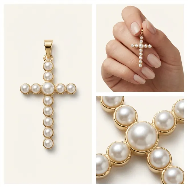 Gold plastic pearl cross zinc alloy pendant charm