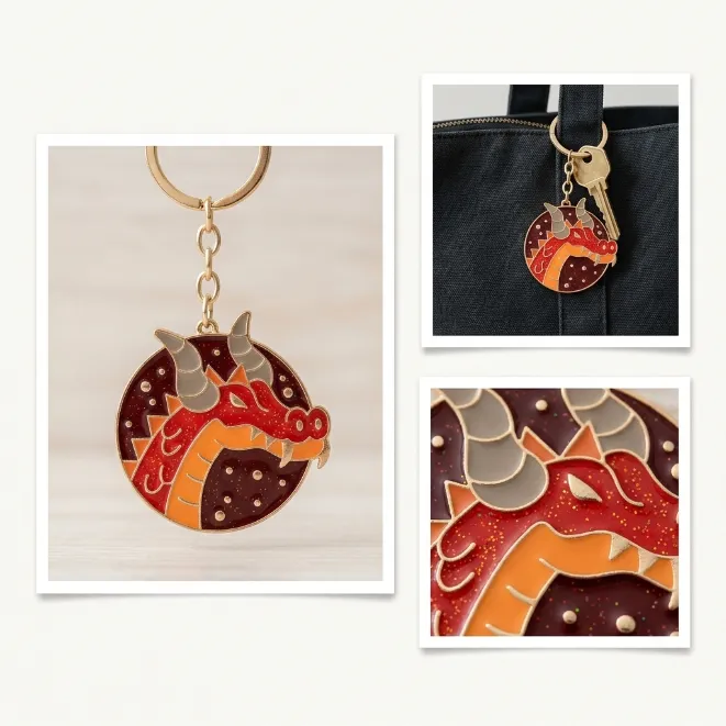Gold red dragon head mythical round enamel zinc alloy keychain with glitter background