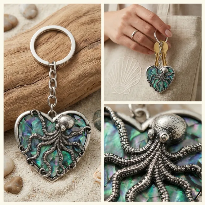 Antique silver abalone shell octopus heart zinc alloy keychain
