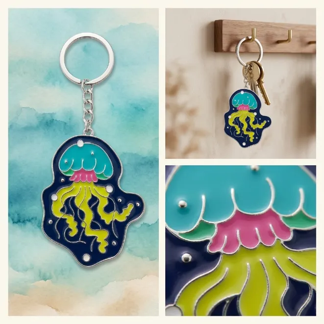 Silver colorful ocean jellyfish deep blue enamel zinc alloy keychain