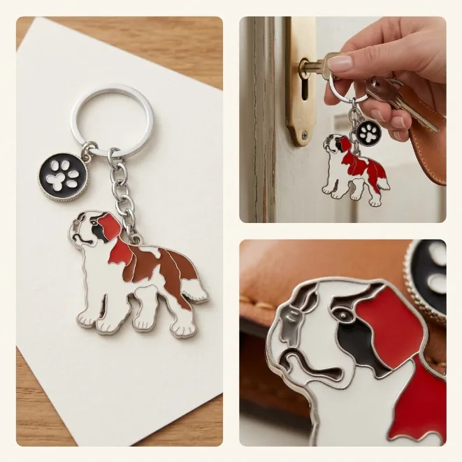 Silver Saint Bernard dog and black paw charm enamel zinc alloy keychain