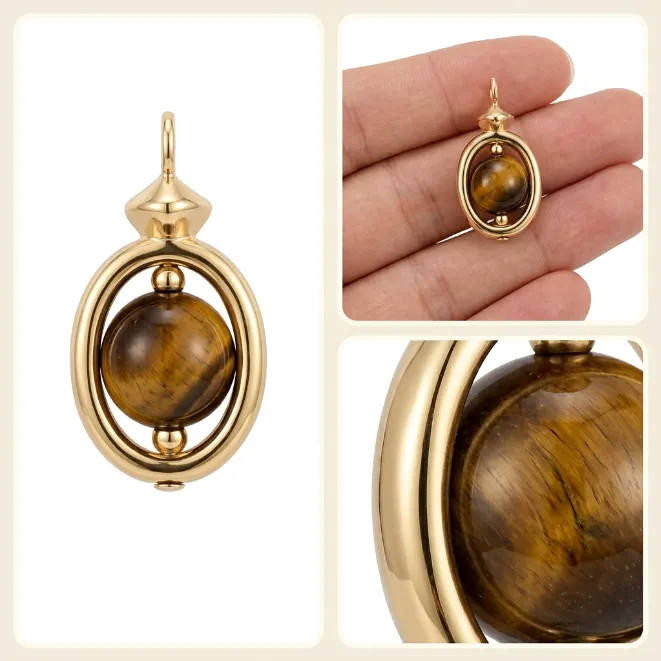 Gold oval frame natural tiger eye gemstone sphere zinc alloy pendant charm