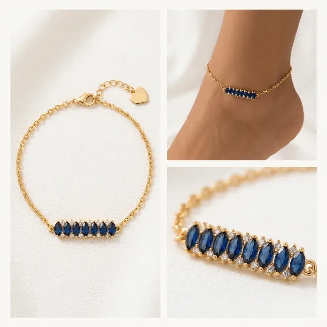 Gold brass anklet with marquise sapphire blue cubic zirconia and micro pave clear cz bar
