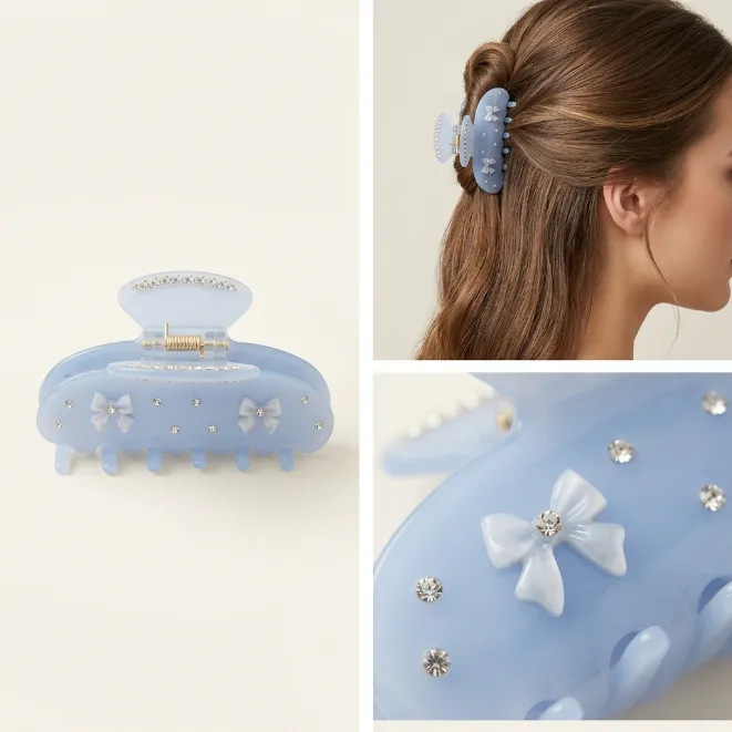 Cream white acetate hair claw clip with purple 3D flowers butterflies and golden rhinestones