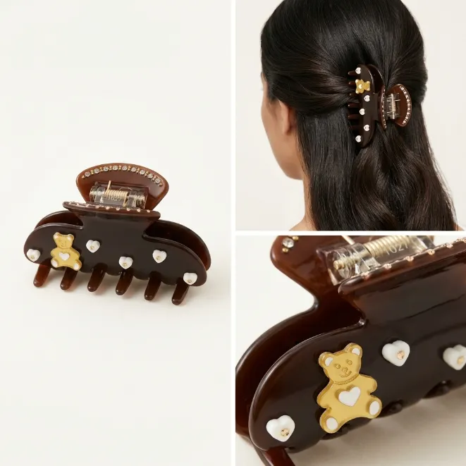Dark coffee brown acetate hair claw clip with golden bear white hearts and paved rhinestones