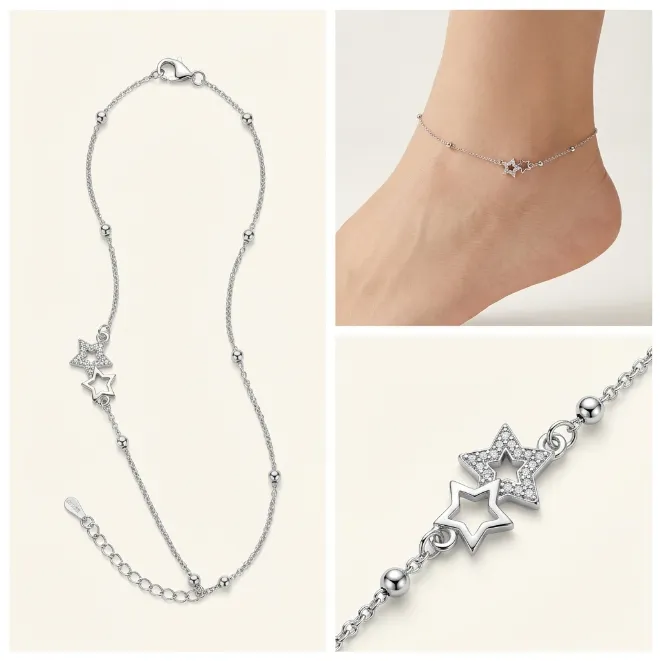 Silver double star charms iron anklet with satellite beaded chain and paved rhinestones