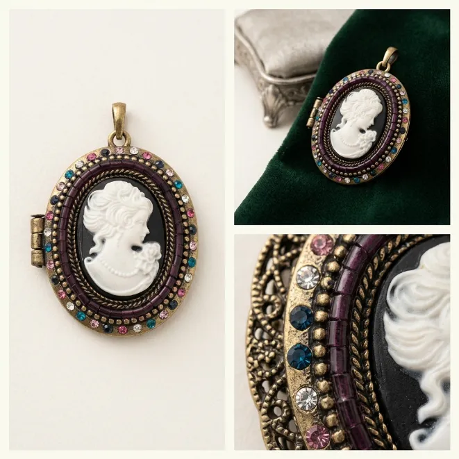 Antique bronze victorian oval cameo lady profile locket zinc alloy pendant charm with colorful rhinestones