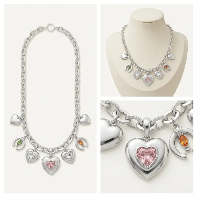 Silver chunky chain zinc alloy charm necklace with pink white gemstone hearts and horseshoe charms