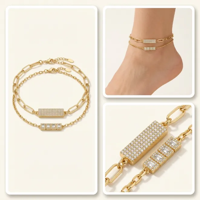 Gold double layered paperclip curb chain brass anklet with baguette and micro pave cz bars