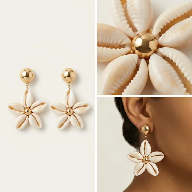 Women's ocean beach nautical gold domed stud natural cowrie sea shell 5-petal flower blossom statement dangle drop earrings summer coastal jewelry