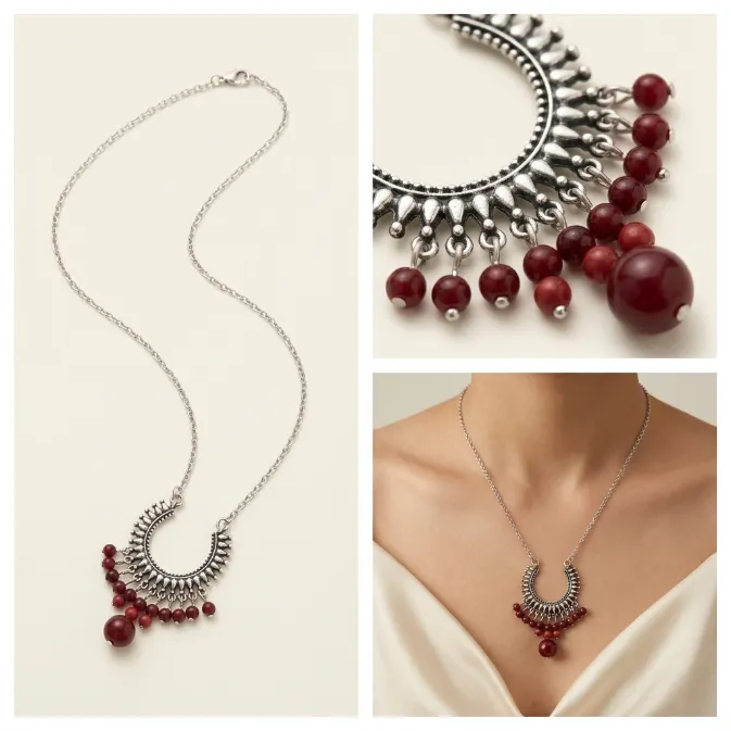 Women's vintage bohemian antique silver crescent horseshoe tribal collar wine red agate bead tassel fringe statement necklace ethnic jewelry