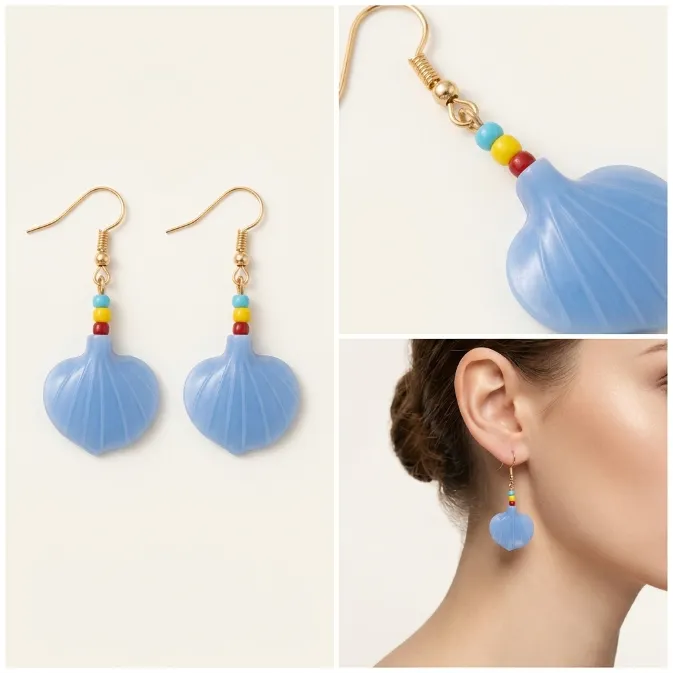 Women's bohemian coastal pastel blue fluted scallop shell heart colorful seed beads dangle drop earrings summer beach jewelry