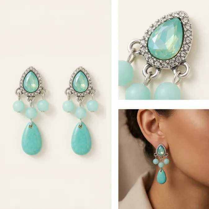 Women's vintage bohemian antique silver mint green teardrop crystal pave rhinestone halo turquoise beaded chandelier dangle drop earrings coastal jewelry