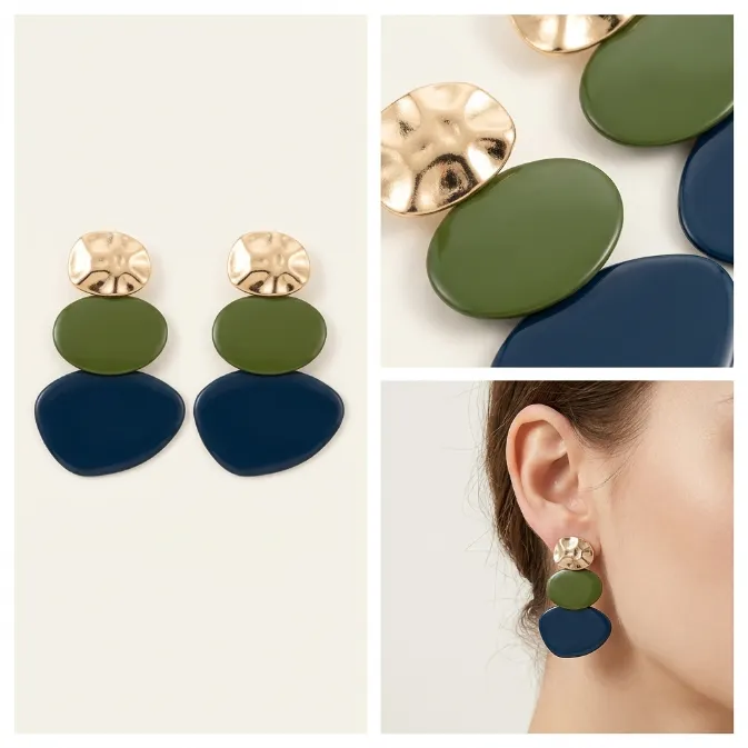 Women's modern geometric organic pebble trio layered hammered gold stud olive green and navy blue statement drop earrings retro minimalist jewelry