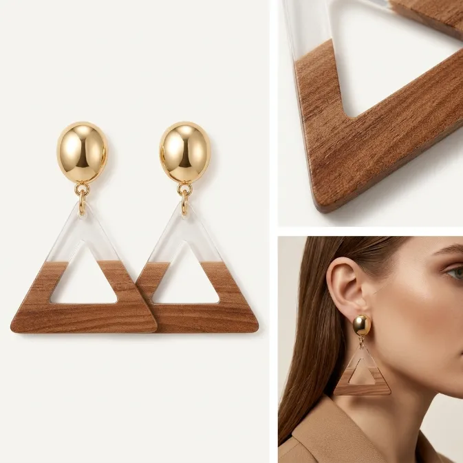 Women's modern geometric polished gold oval stud clear transparent acrylic and natural wood split hollow triangle statement dangle drop earrings organic jewelry