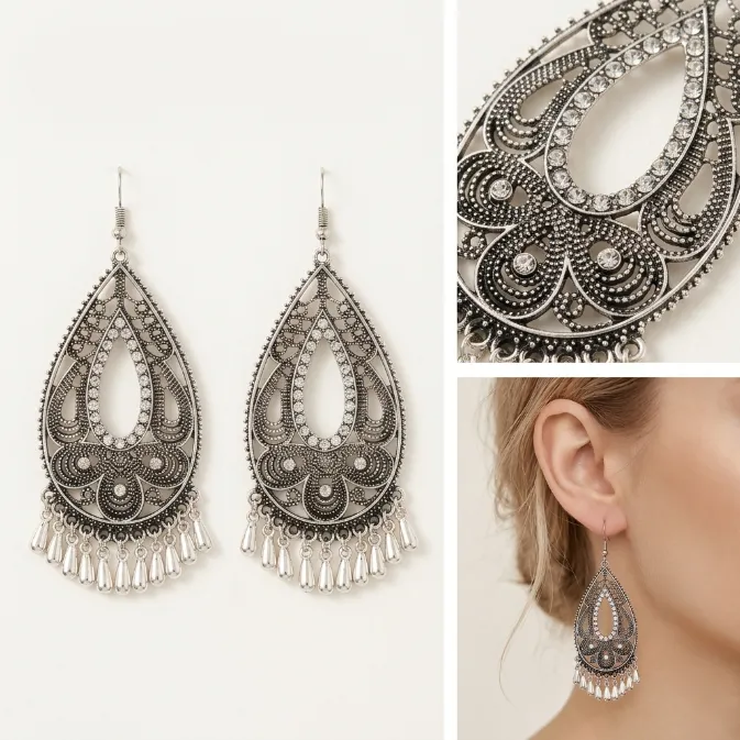 Women's vintage bohemian antique silver filigree lace open teardrop pave crystal rhinestone dangling raindrop fringe chandelier earrings retro jewelry