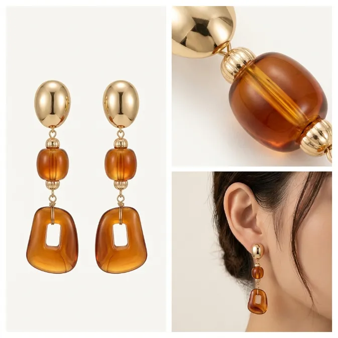 Women's vintage 70s retro polished gold oval stud translucent amber brown resin barrel bead and hollow geometric slab statement dangle drop earrings organic jewelry