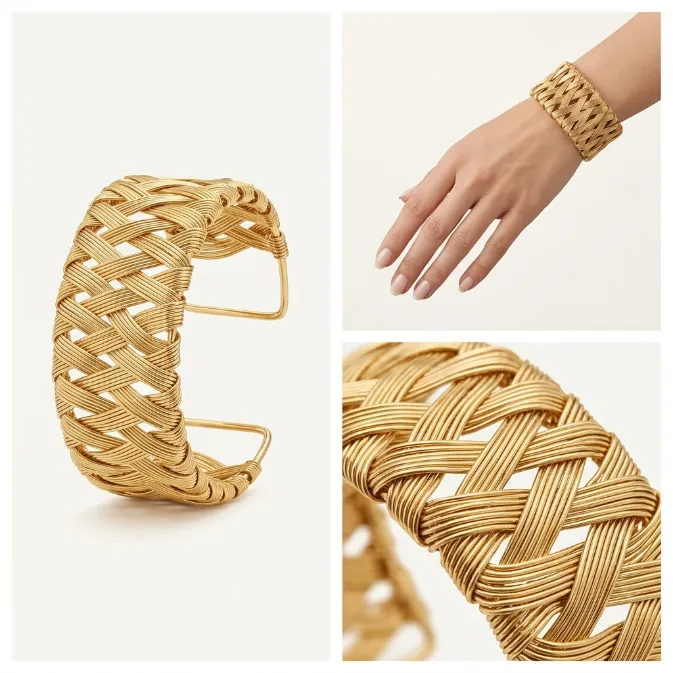 Women's modern artisanal gold woven wire mesh crisscross basketweave wide open cuff bracelet runway bohemian jewelry