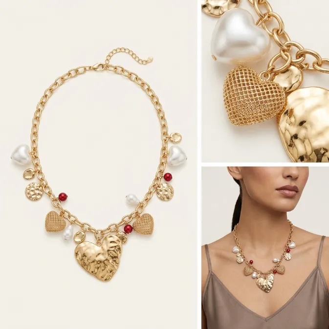 Women's vintage baroque chunky gold link chain oversized molten hammered heart woven mesh heart puffy white pearls and crimson red bead cluster statement necklace