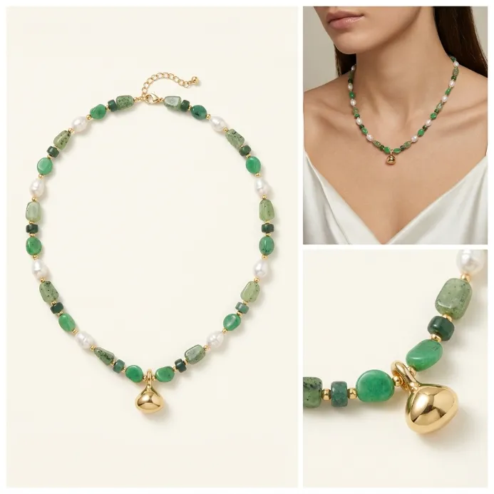 Women's bohemian natural green aventurine pebble organic stone baroque pearl gold spacer beaded choker necklace puffed teardrop charm pendant jewelry