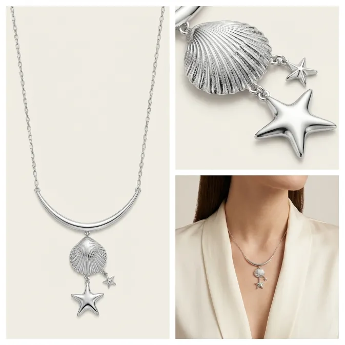 Women's ocean beach nautical polished silver curved bar fluted scallop shell and asymmetrical dangling starfish charms statement pendant necklace coastal summer jewelry