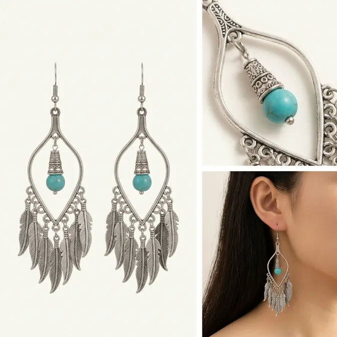 Women's vintage bohemian antique silver marquise open frame turquoise bead dangling feather tassel chandelier drop earrings boho jewelry