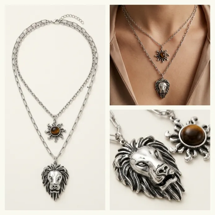 Unisex vintage gothic punk oxidized antique silver 2-tier multi-layered paperclip cable chain necklace sunburst radiant charm natural tiger eye gemstone and sculpted lion head pendant statement jewelry