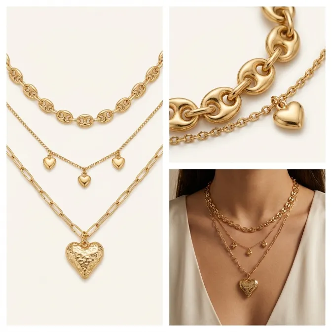 Women's vintage french chic 18K gold 3-tier multi-layered mariner chain paperclip necklace dangling small puffy hearts and large hammered heart pendant statement jewelry