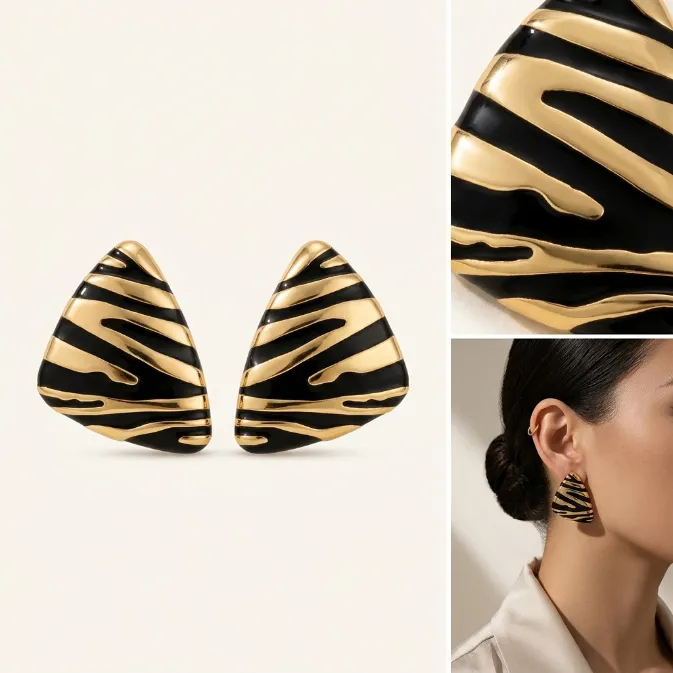 Women's vintage 80s runway high polished gold molten zebra stripe black enamel triangle shield statement stud earrings retro jewelry