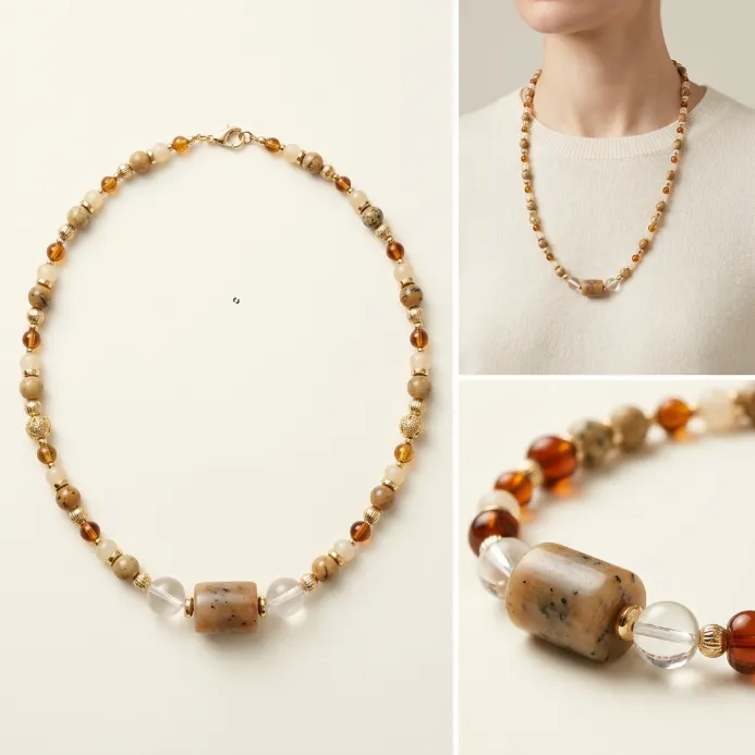Women's bohemian natural picture jasper cylinder tube bead clear quartz amber and earthy stone beaded choker necklace warm neutral jewelry