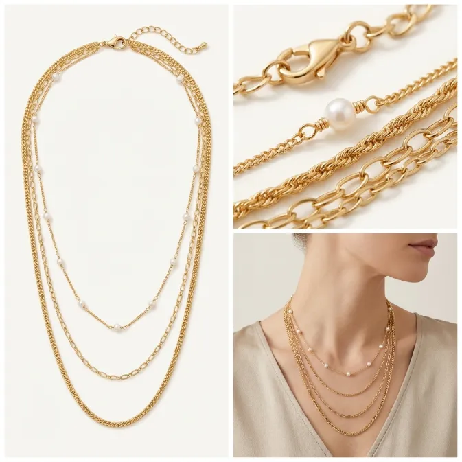 Women's vintage french chic 18K gold 3-tier multi-layered necklace dainty white pearl station chain paperclip link and flat woven curb chain minimalist jewelry