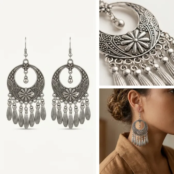 Women's vintage bohemian antique silver tribal floral crescent hoop dangling bead ribbed teardrop tassel chandelier dangle earrings gypsy jewelry