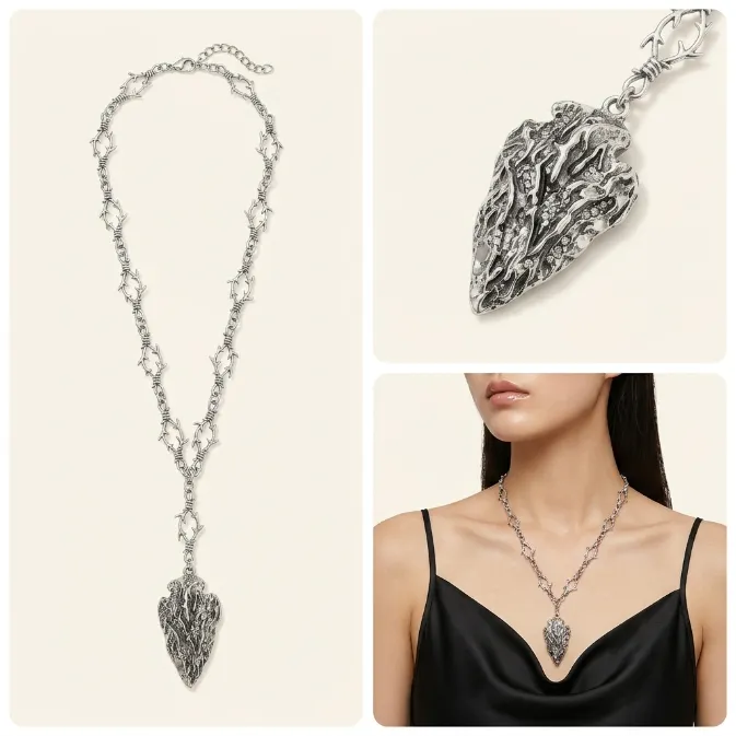 Unisex vintage gothic punk oxidized antique silver barbed wire link chain textured primitive arrowhead pendant Y-necklace dark grunge jewelry