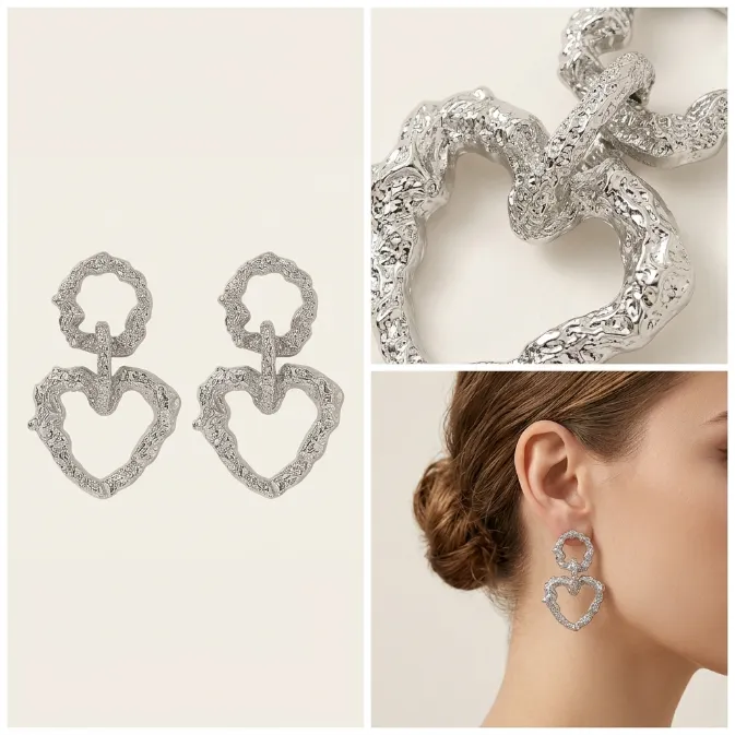 Women's modern sculptural silver molten metal textured open circle and interlocking cutout heart statement dangle drop earrings edgy minimalist jewelry