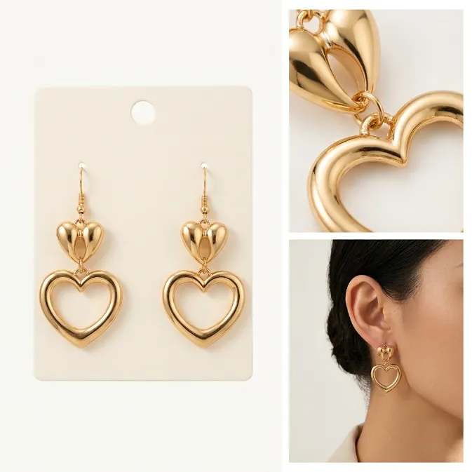 Women's vintage baroque polished gold 2-tier hollow open heart statement dangle drop earrings romantic french chic jewelry