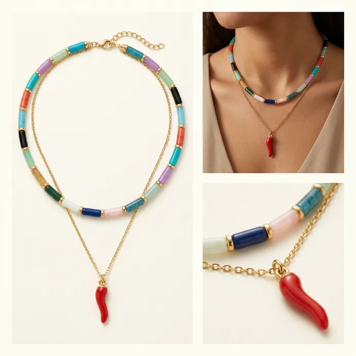 Women's mediterranean italian lucky horn red chili pepper pendant necklace 2-tier layered colorful cylinder tube beaded choker summer dopamine jewelry