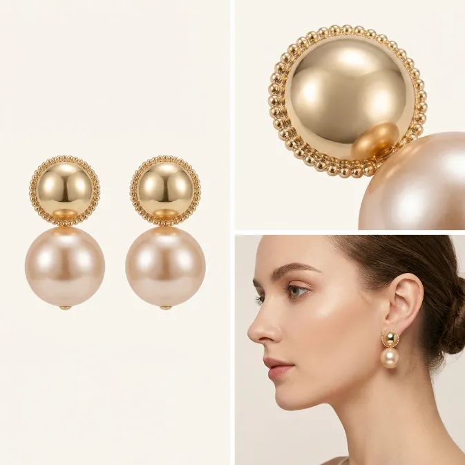Women's vintage french chic gold milgrain beaded dome stud oversized champagne pearl statement dangle drop earrings old money jewelry