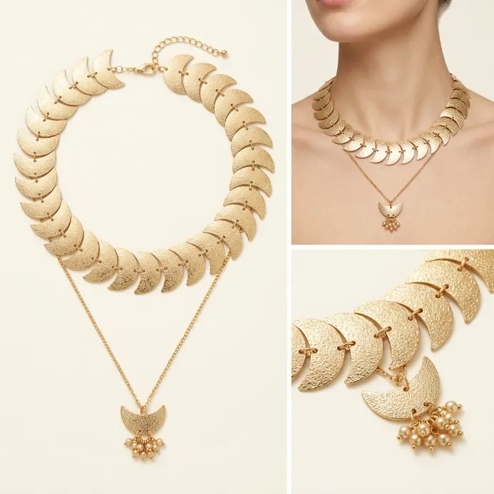 Women's vintage bohemian greek goddess textured brushed gold layered crescent moon collar choker necklace 2-tier chain dangling pearl cluster fringe drop statement jewelry