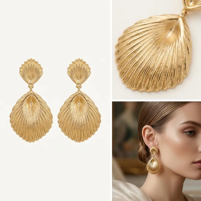 Women's vintage bohemian ocean nautical gold textured fluted scallop sea shell 2-tier statement dangle drop earrings summer coastal jewelry