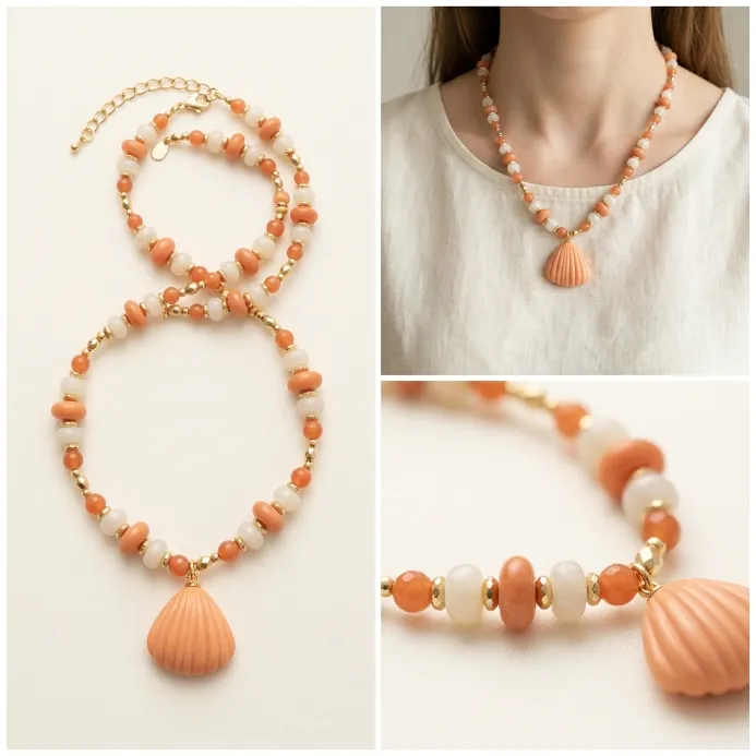 Women's ocean beach nautical coral peach fluted scallop shell pendant pastel orange and milky white beaded choker necklace summer coastal jewelry