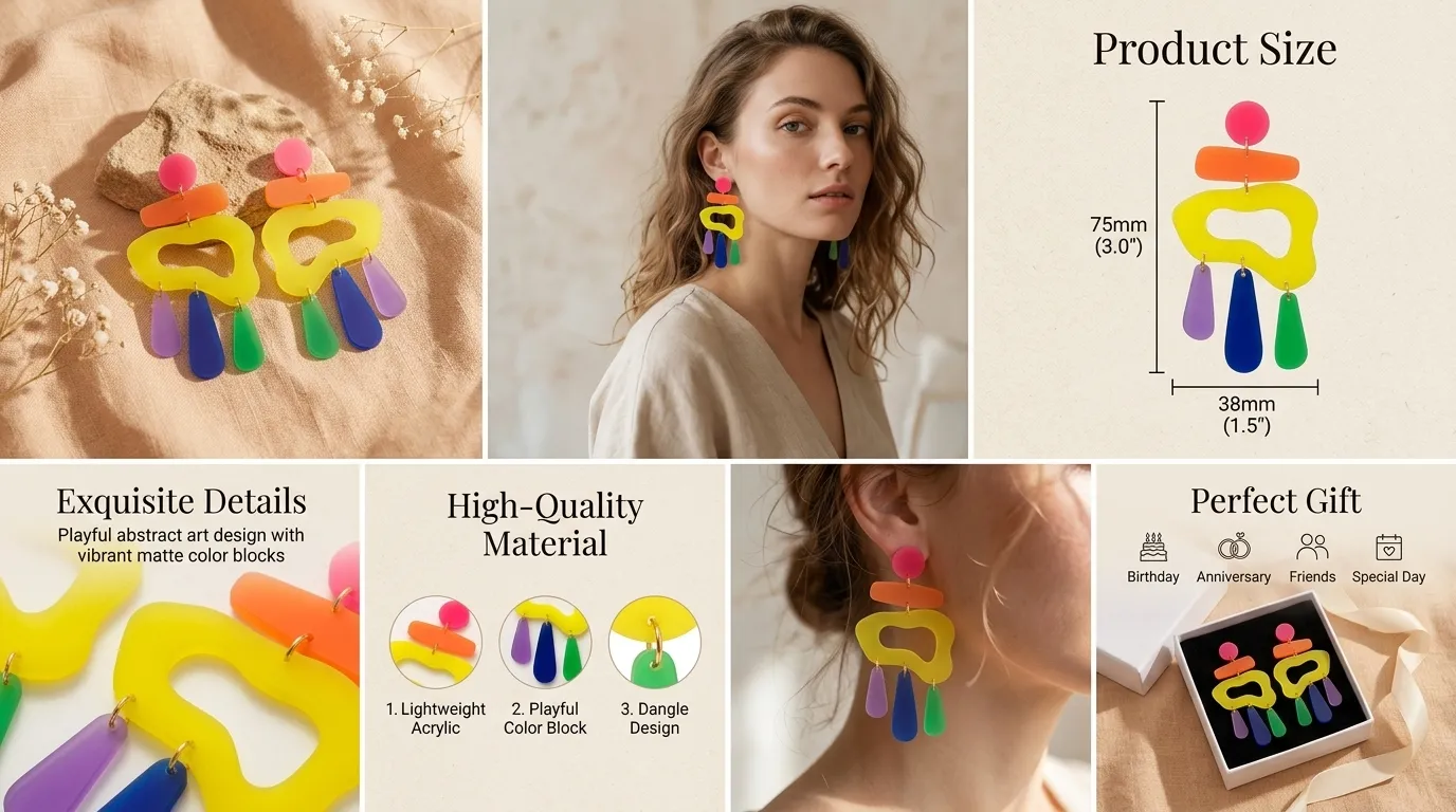 Fluorescent Multi-color Irregular Acrylic Statement Earrings - product details, dimensions and wearing references